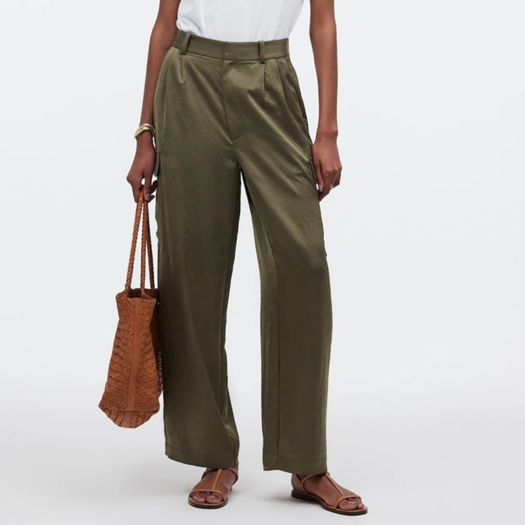 Madewell High Rise Straight Leg Cargo Pleats Trousers In Satin Olive Green 6